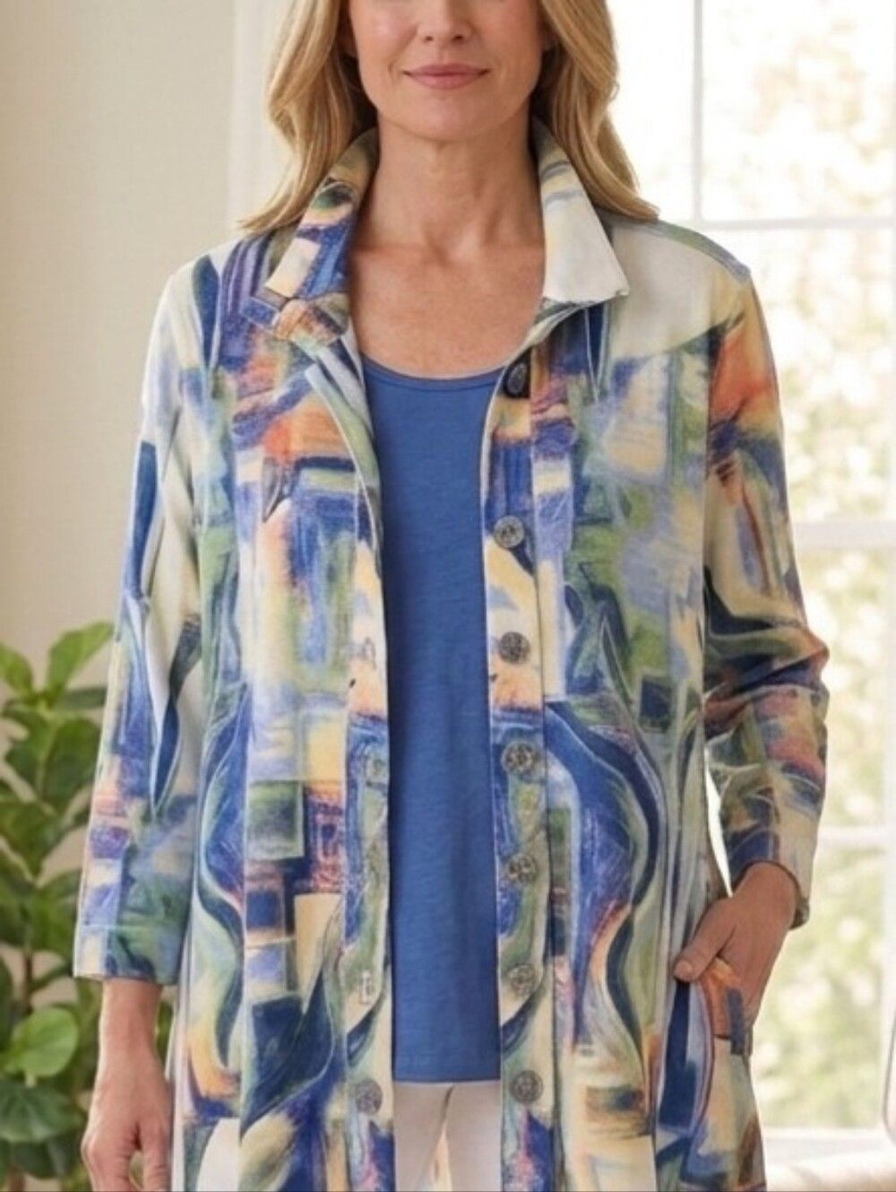 John Mark Abstract Watercolor Print Tunic Top Shirt Jacket Shacket Art  Wear M